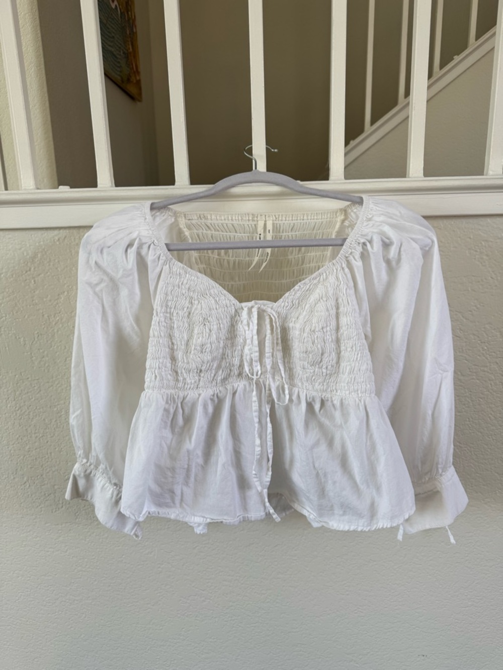 Anthropologie White Smocked Peasant Blouse with Tie Front